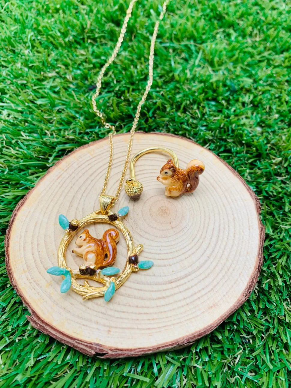 Cheap Origami Doll Handmade Squirrel Necklace, Squirrel Ring and Acorn Earring