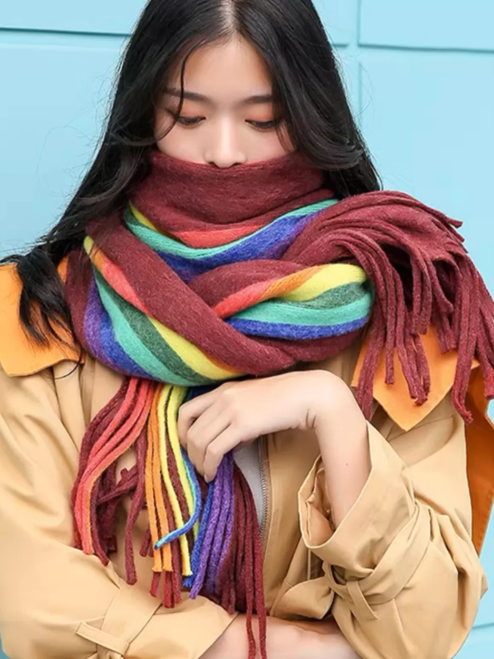 Cheap Origami Doll Rainbow knit scarves