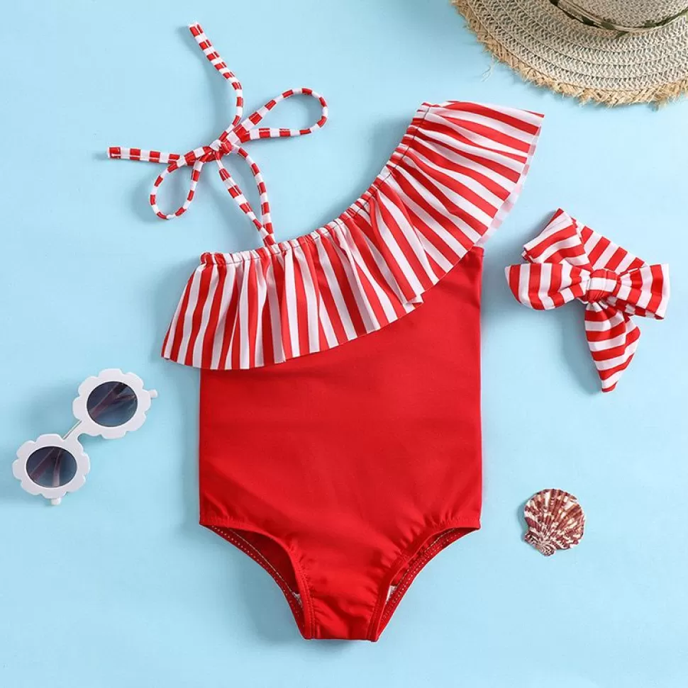 Sale Origami Doll Red and white stripes kids swimsuit