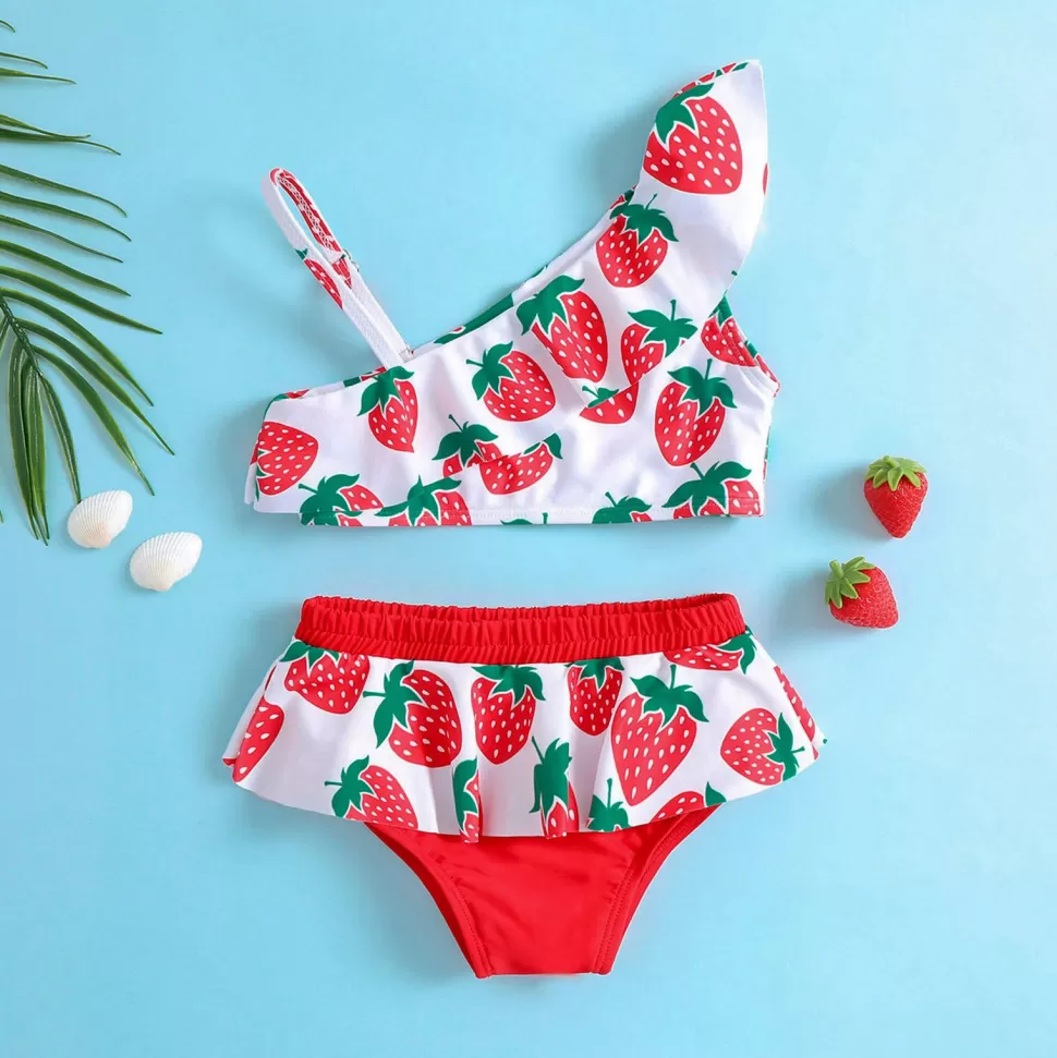 Fashion Origami Doll Strawberry print kids 2 pcs swimsuit